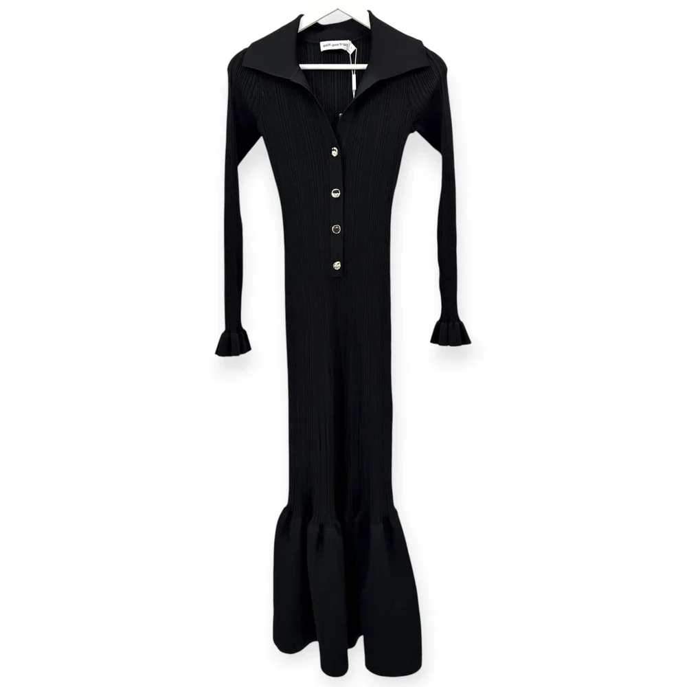 NWT Self-Portrait Black Ribbed Knit Fluted Midi Dress $555 - Size Small - Picture 6 of 16